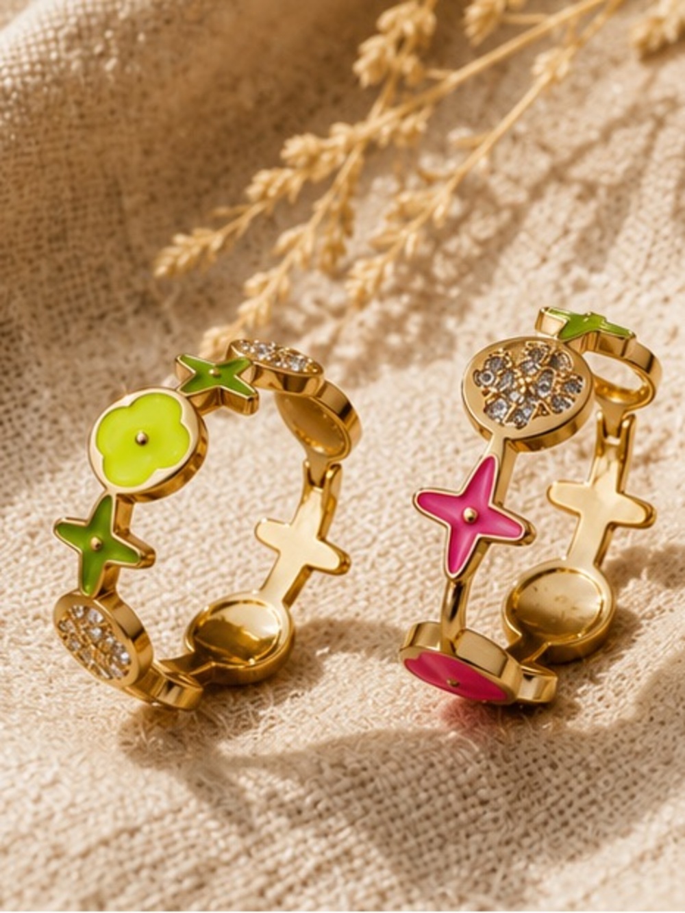 💚 🩷Hot Pink & Lime Green Enamel Floral Huggie Hoop Earrings Designer Inspired